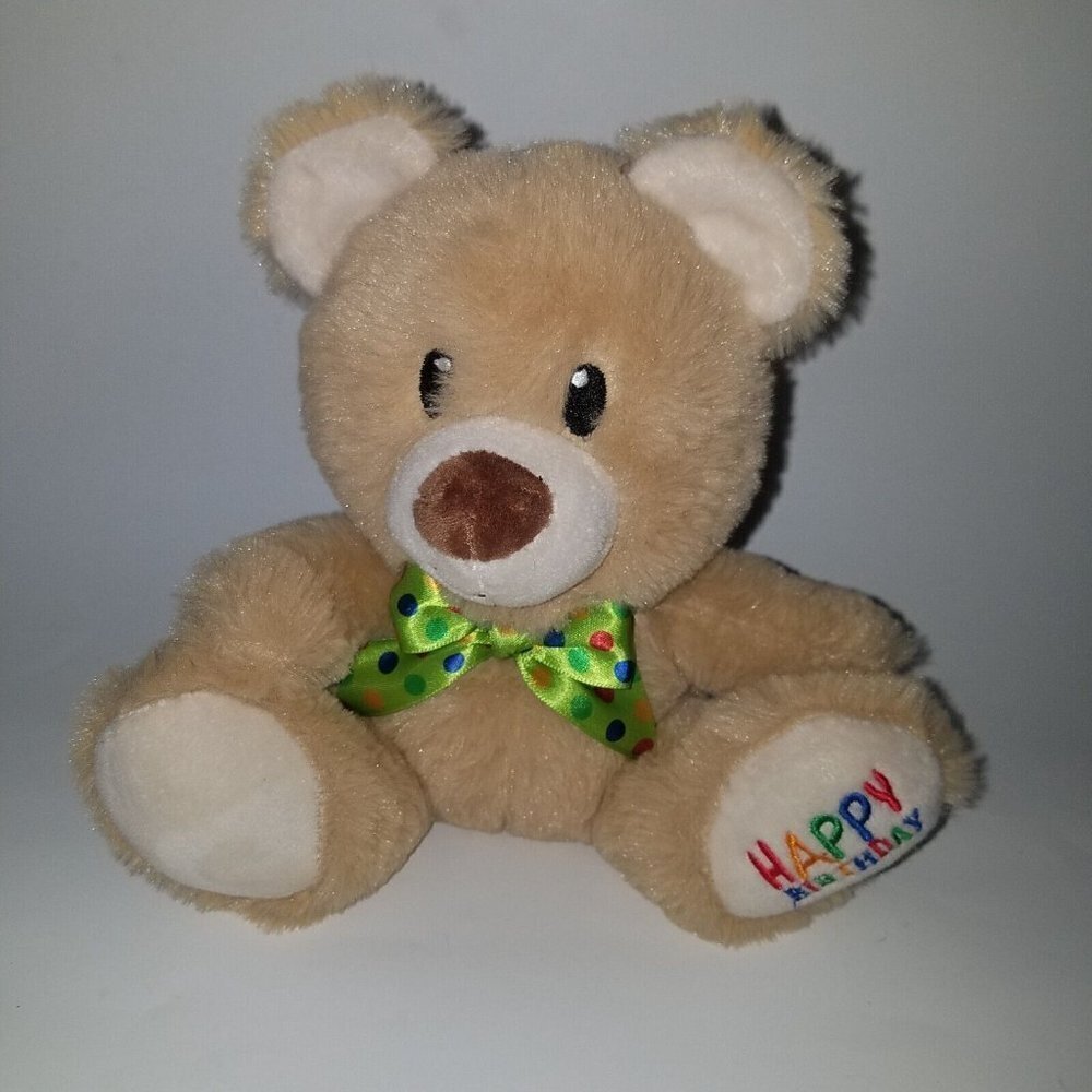 Happy Birthday Tan Teddy Bear Plush Green Polka Dot Bow Tie American Greetings